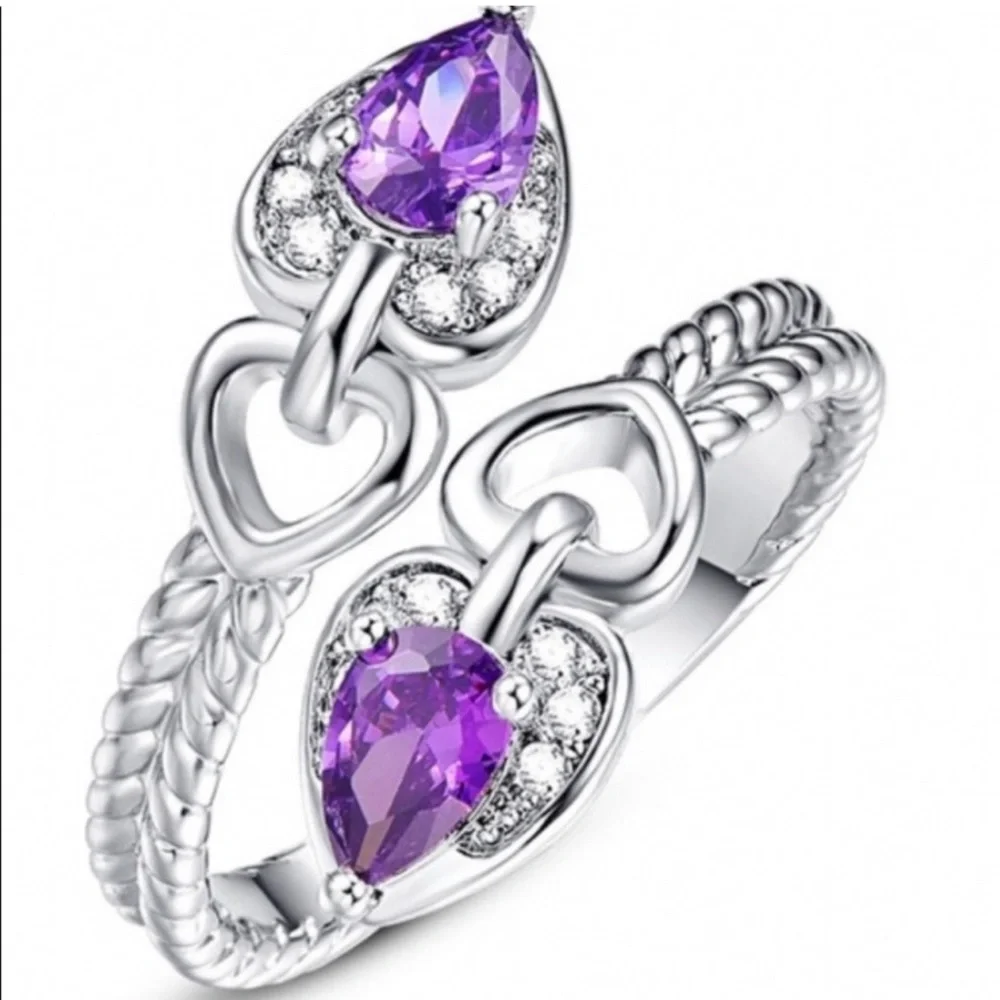 New S925 Sterling Silver Purple Amethyst & Morganite Heart Tear Drop Ring